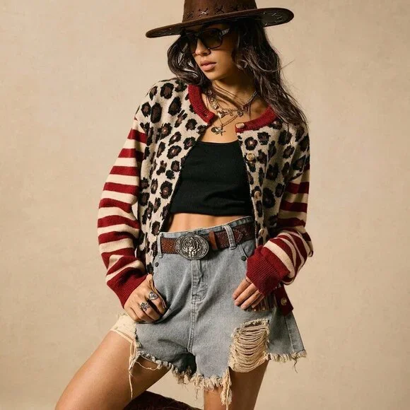 leopard & striped Casual Women's knit sweater cardigan - Picture 6 of 7